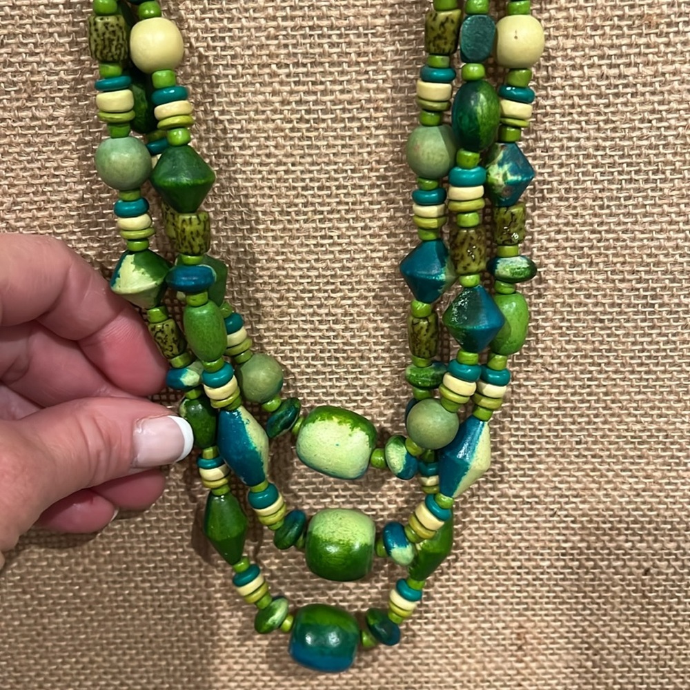 Chunky wooden bead necklace green blue #boho #indie necklace. 3-strand. Vintage - Picture 2 of 4